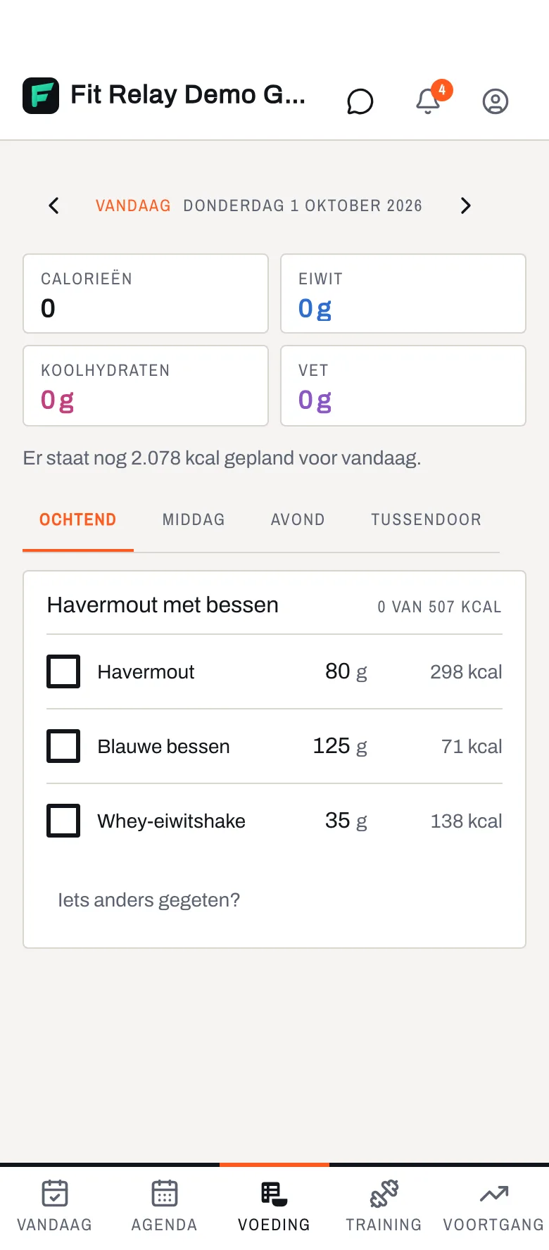 Het voedingsschema van vandaag in de app van het lid