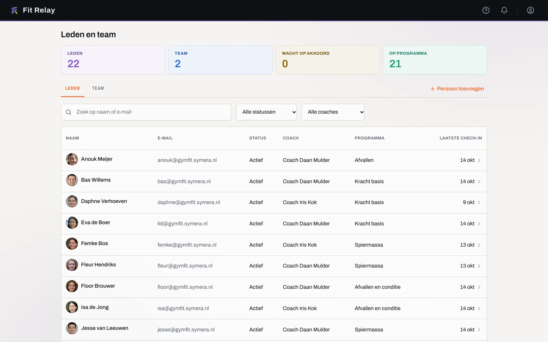 Leden en team in de staff-app: elk lid met gym, status, coach, programma en de laatste check-in